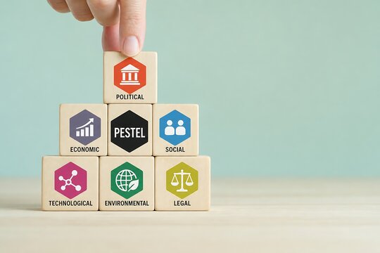 Business hand stacking wooden blocks with pestel analysis framework for strategic plan