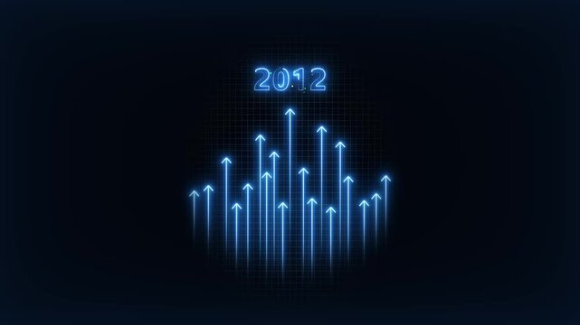 Neon blue financial growth chart with rising arrows and 2012 year label digital data analytics and business success concept