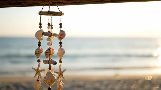 Seashell and starfish wind chime hanging on a beach at sunset