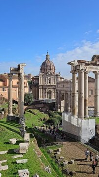 Roma, Italy. February 15, 2026, Stunning panoramic view of the ancient ruins of the Roman Forum in Rome, Italy. A famous landmark and UNESCO World Heritage Site in Europe