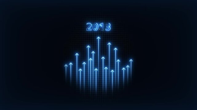 Neon blue financial growth chart with 2013 year marker, digital data analysis and rising success concept