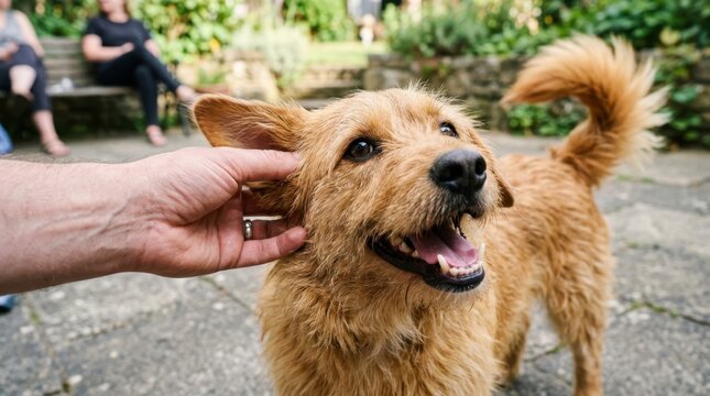 A happy scruffy brown terrier dog receives an affectionate ear scratch from its owner on a sunny garden patio, showcasing the heartwarming bond between a human and their loyal pet in an outdoor spaces