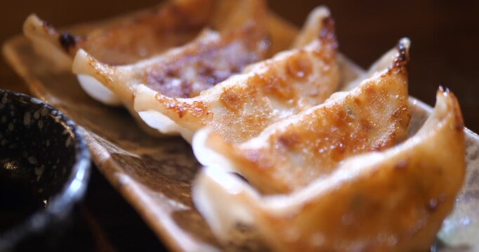Close up of Japanese gyoza pan fried dumplings on plate