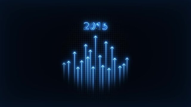 Neon blue financial growth chart with 2015 year marker, digital data analysis and business success concept