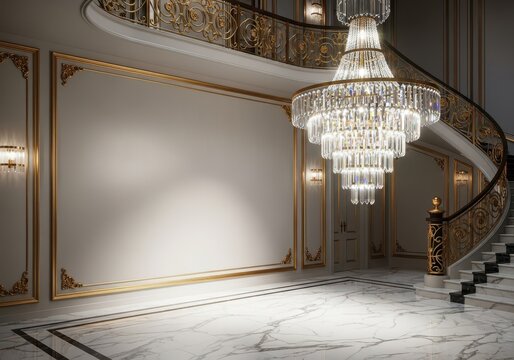 A grand luxury foyer featuring opulent gold accents, a marble floor, elegant wall moldings, and a sparkling crystal chandelier above, floor, glossy, elegant