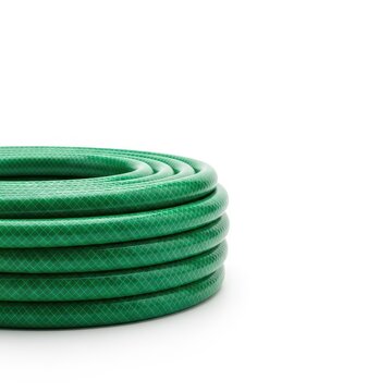 A green garden hose coiled neatly on a white background, perfect for yard work, irrigation, landscaping, and residential outdoor watering, liquid, tool, spring