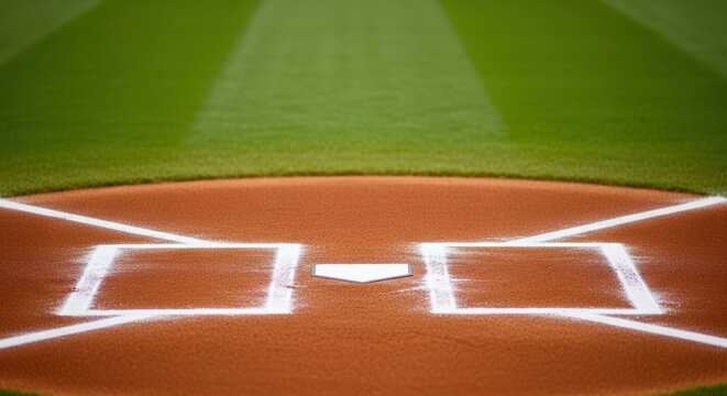Detailed view of a professional baseball home plate area featuring crisp white chalk lines, textured brown dirt, and lush green grass beyond, landscape, baseball, leisure