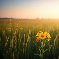 Fototapeta premium Golden sunlight illuminates a serene wild meadow during late summer, where tall yellow grasses sway gently under a hazy and warm afternoon sky, field, ecology, afternoon