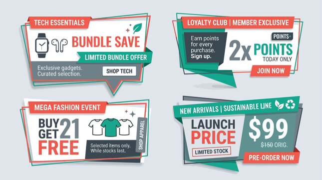 Vector graphics showcase promotional offers and discounts on tech essentials and fashion items