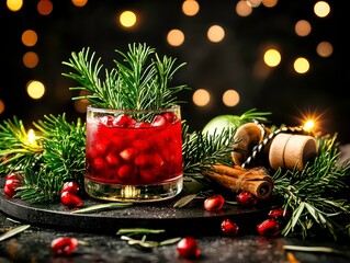Fototapeta premium Christmas Pomegranate Rosemary Cocktail with Festive Garland and Bokeh Lights