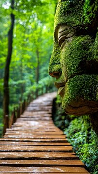 Moss-Covered Buddha Statue and Forest Boardwalk in Lush Green Jungle