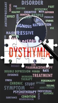 Dysthymia under magnifying glass, being researched, studied and examined. Most important subjects and ideas closely related to dysthymia written around a puzzle to symbolize complexity of dysthymia.
