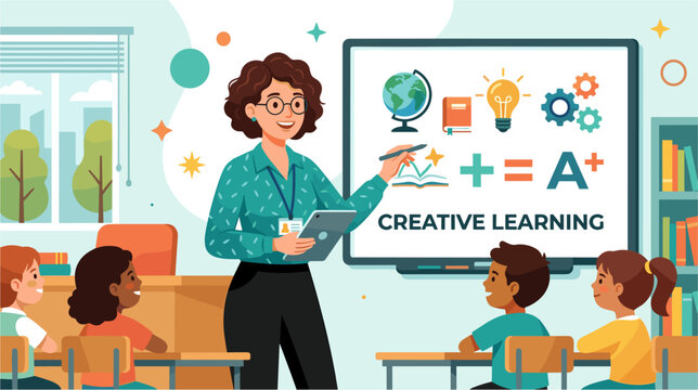 Teacher explaining creative learning to diverse elementary school students in classroom illustration