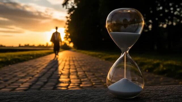 An hourglass sits on a stone wall with a graduate walking away at sunset