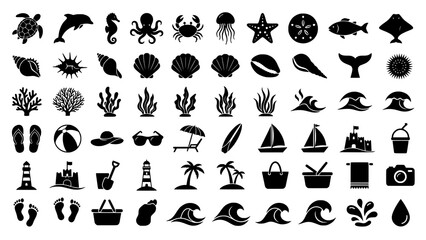 Ocean and beach summer vacation theme silhouette icon set with vacation, tropical © Kapilbiswas