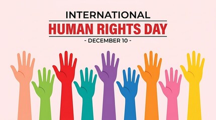 Diverse raised hands celebrating Human Rights Day. Multiethnic group showing unity and equality on December 10th. Global community supporting socia...