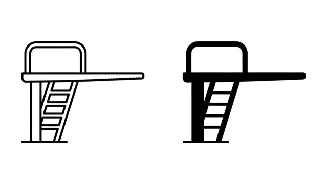Diving Board Icon Set: A minimalist graphic representation of a diving board, presented in both outline and silhouette styles, perfect for sports and aquatic themes.