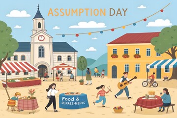 Megaphone announcing August 15th Assumption Day celebration with festive bunting, Assumption Day, August 15, Assumption of the Blessed Virgin Mary with Angels Christian