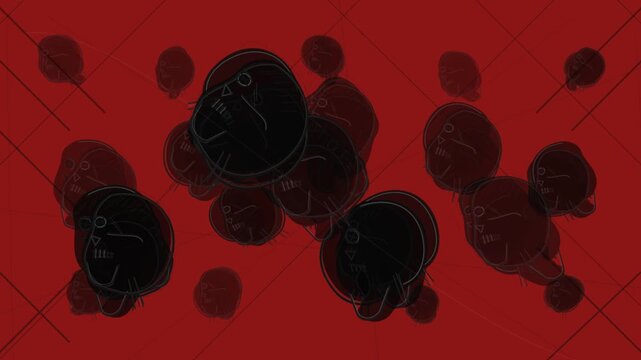 Abstract creepy skulls moving over red geometric patterns