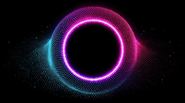 Vibrant Neon Circular Light Display with Particle Effects