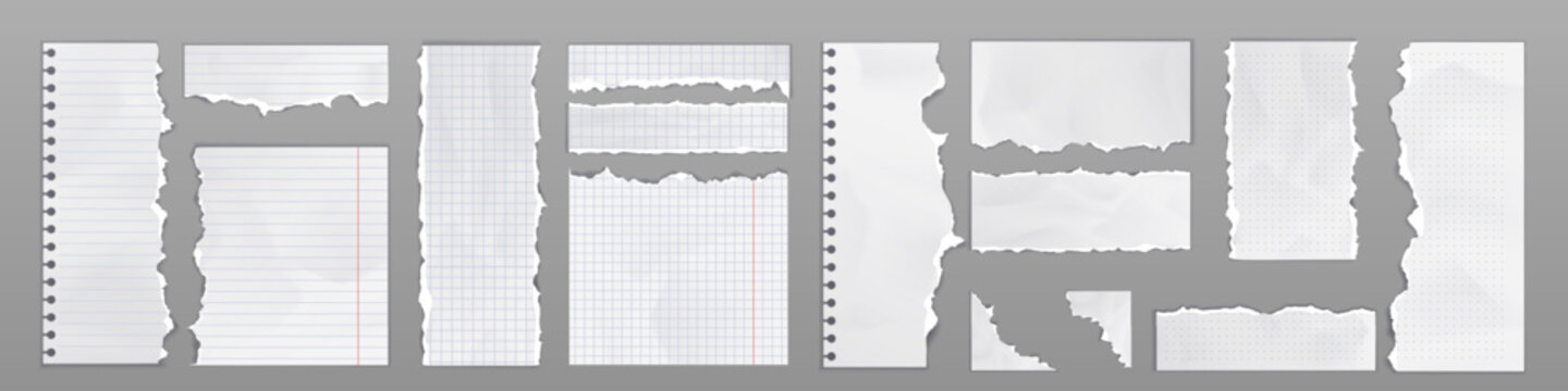 Notebook pages and paper sheets with torn edges