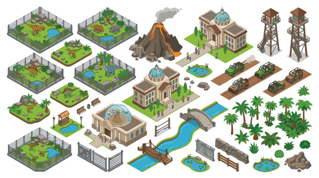Isometric zoo park constructor set, safari animal enclosures and wildlife sanctuary buildings, prehistoric dinosaur park map elements for game design