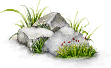 Obraz premium Watercolor Stones with Grass Growing Among Them
