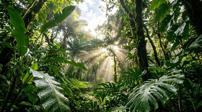 Sunlight rays piercing through dense canopy of lush green tropical rainforest, vibrant jungle scene.