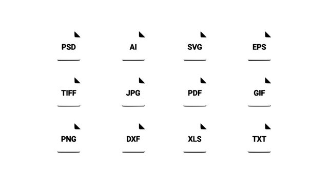 File Icons Representing Different Formats Including Psd, Ai, Svg, Eps, Tiff, Jpg, Pdf, Gif, Png, Dxf, Xls, and Txt
