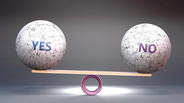 Yes and no in balance - balancing stones on a scale symbolizing harmony, equity and equilibrium between yes and no. Harmonious and beneficial situation.