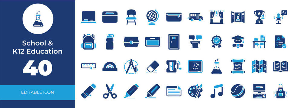 Collection of 40 school and k-12 education icons with education, learning