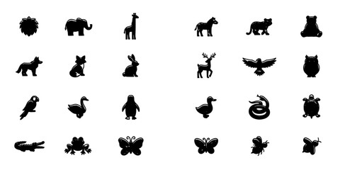Fototapeta premium Animals Arranged in a Grid Pattern as Black Silhouettes on a White Background Featuring Wildlife, Nature, Icons with Illustration