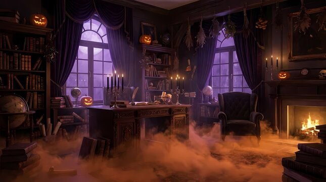 Spooky Halloween library interior with jack-o-lanterns and purple lighting.