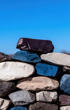 A stack of colorful rocks against a clear blue sky