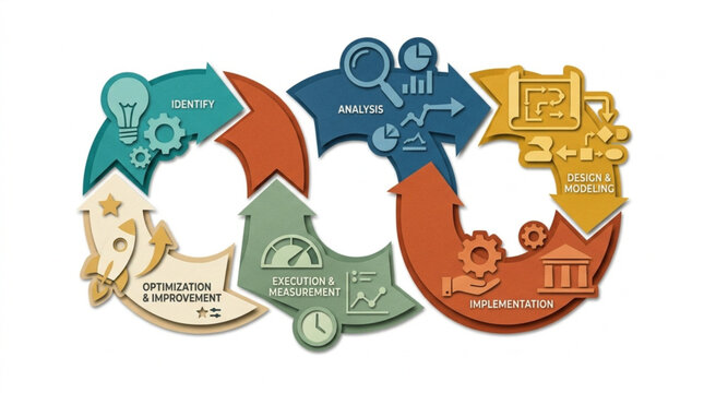 Creative business process flow diagram with icons illustrating analysis planning implementation and optimization steps