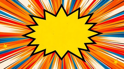 Fototapeta premium Vibrant comic sunburst with yellow jagged speech bubble.