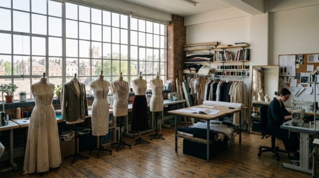 A woman designer uses a sewing machine in an airy, sunlit fashion studio surrounded by dress mannequins, fabric rolls, and tools on a rustic wooden floor