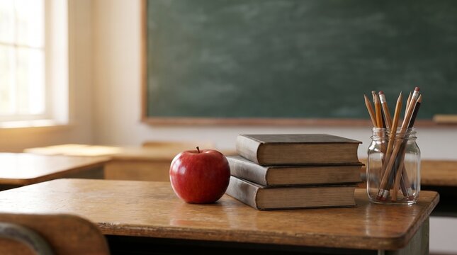 A classic school desk scene featuring a stack of vintage books next to a fresh red apple and a glass jar filled with sharpened wooden pencils in class