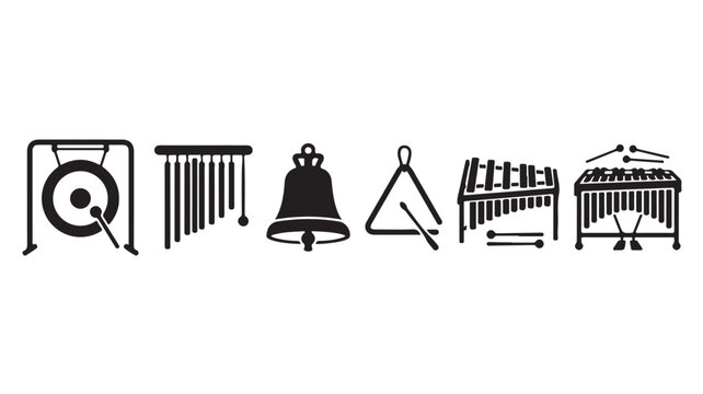 Set of six black musical percussion instrument icons including timpani, xylophone and triangle on white background