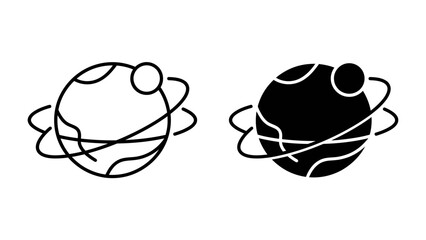 Celestial Orbit Icons: A set of two icons representing a planet with orbiting rings and a smaller moon, displayed in both line art and solid black styles, symbolizing space and astronomy. © harunar