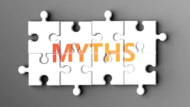Myths being a complex topic - puzzle pieces with word myths coming together to make a whole. Myths made of many fitting parts, a compound subject.