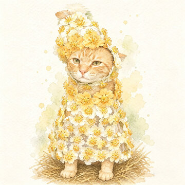 Cute Orange Tabby Cat Wearing a White Blossom Flower Crown and Floral Cloak Illustration Isolated on White Background