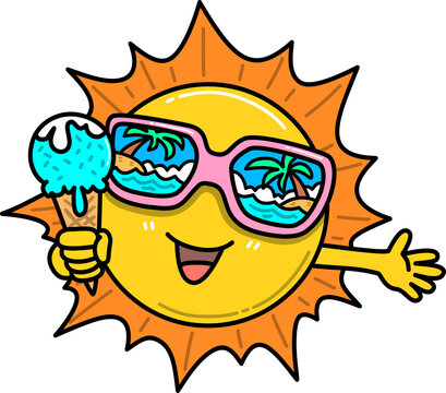Summer Sun Wearing Sunglasses Holding Ice Cream Cartoon