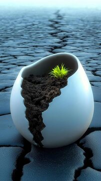 A small green plant grows in a broken white pot on dry cracked earth