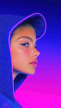 A young woman wearing a blue hooded jacket with neon pink outline
