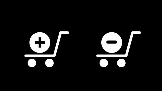 Simple black and white shopping cart icons with plus and minus symbols representing adding or removing items from an online order for modern apps