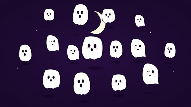 Group of expressive ghosts with a crescent moon
