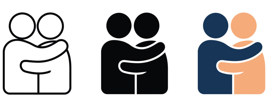 People hugging icons set in line solid and flat styles with affection, kindness