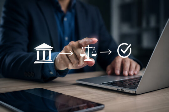 Compliance, audit manager taps a laptop flow from institution to law to checkmark, tracking regulation, approval, governance, policy, legal risk, security, and workflow. concept accountability. 