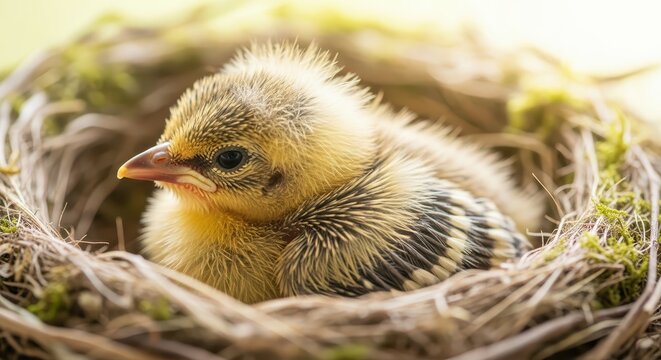 Tiny fluffy chick resting in a cozy bird's nest